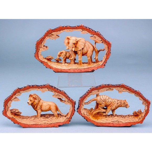 Carved Wood-effect Safari Animals in Log, 19x12cm, 3 assorted