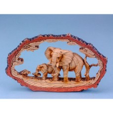 Carved Wood-effect Elephant in Log, 19x12cm