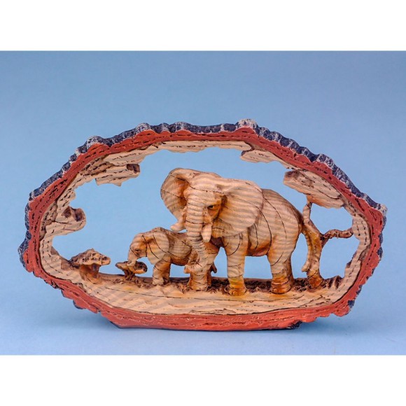 Carved Wood-effect Elephant in Log, 19x12cm