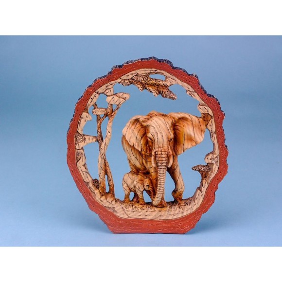 Carved Wood-effect Elephant in Round Log, 19x20cm