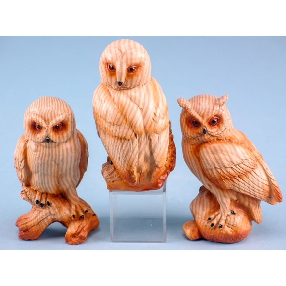 Carved Wood-effect Owl on Log, 10cm, 3 assorted