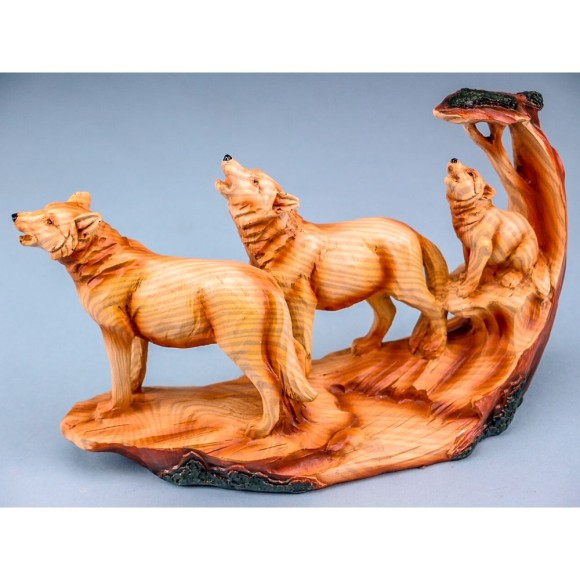 Carved Wood-effect Wolf Family with Tree, 14x24cm