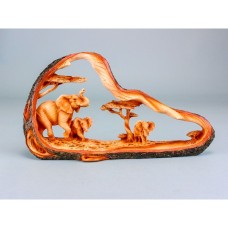 Carved Wood-effect Elephant Scene in Log, 31cm