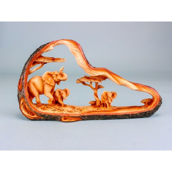 Carved Wood-effect Elephant Scene in Log, 31cm