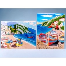 Ceramic Plaque, Cliffside Beached Boats, 28x35cm, 2 assorted