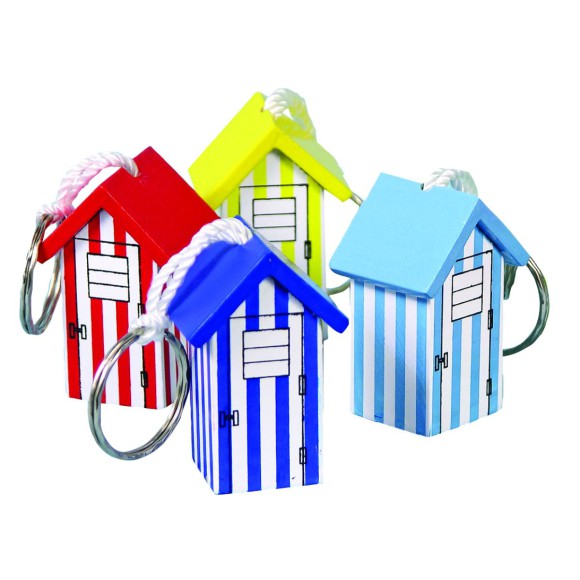 Wooden Beach Hut Keyrings, 4cm, 6 assorted