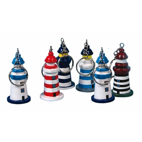 Wooden Lighthouse Keyrings, 6cm, 6 assorted