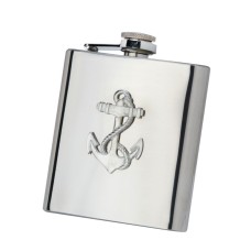 Stainless Steel Pocket Flask with Pewter Anchor Badge