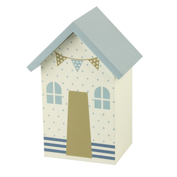 Beach Hut Money Box, blue dots, 16cm