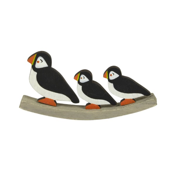 Puffin & Chicks on Curved Wooden Base, 17cm