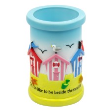 &quot;Oh, I do like to…&quot; Beach Huts Pen Pot, 10cm