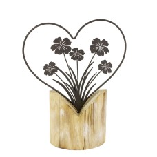 Wire Heart with Flower in Wood Stand, 23cm